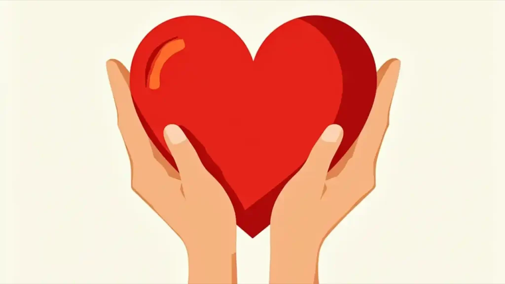 A bright red heart icon with hands reaching out to give and receive support, symbolizing community generosity and charitable giving on National Giving Hearts Day.