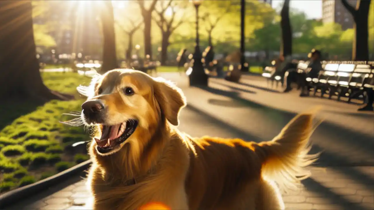 A joyful Golden Retriever playing in a sunny park, celebrating National Golden Retriever Day