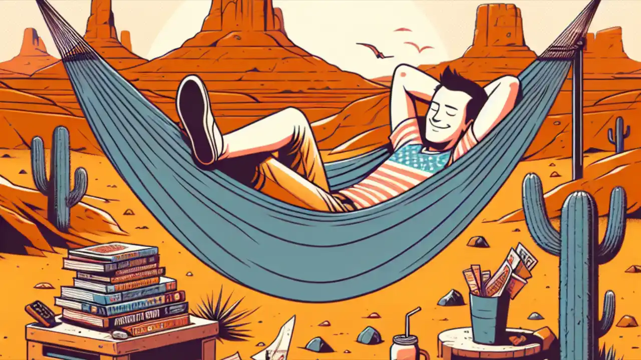 A person lounging in a hammock with a carefree smile, surrounded by scattered comic books, snacks, and a "Do Not Disturb" sign, embodying the spirit of relaxation and playful procrastination