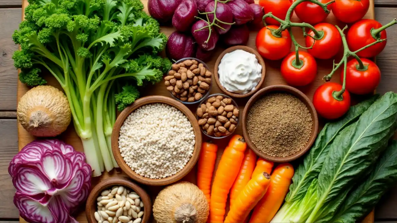 A colorful array of grain-free foods including fresh vegetables, nuts, seeds, and lean proteins arranged on a rustic wooden table, highlighting healthy alternatives to traditional grains.