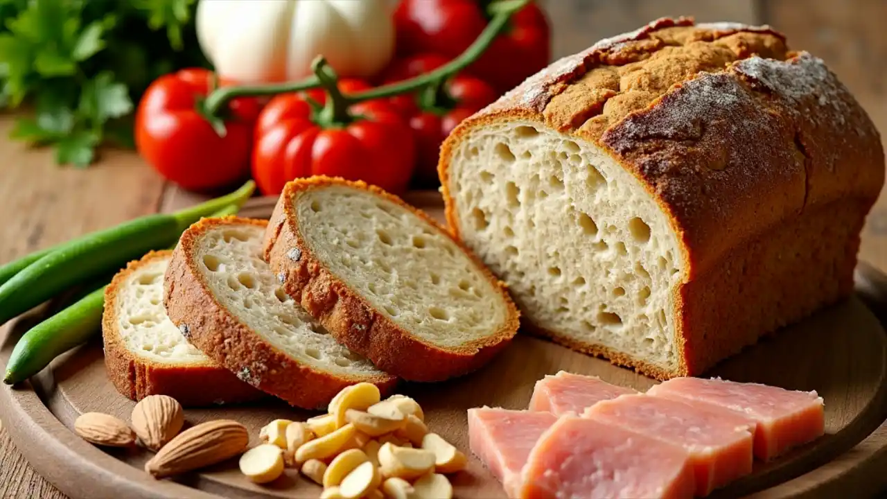 A colorful spread of grain-free foods including almond flour bread, fresh vegetables, nuts, seeds, and protein-rich meats arranged on a rustic wooden table, highlighting healthy alternatives to traditional grain-based dishes