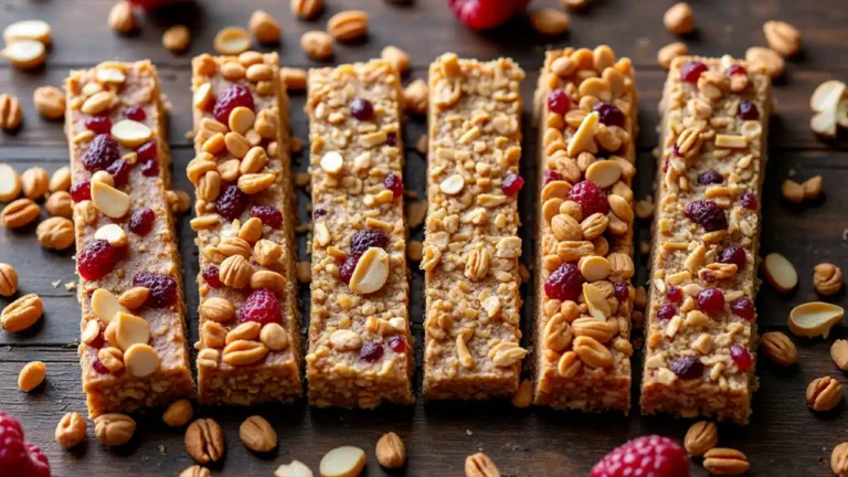Assorted granola bars with nuts and dried fruits on a wooden table