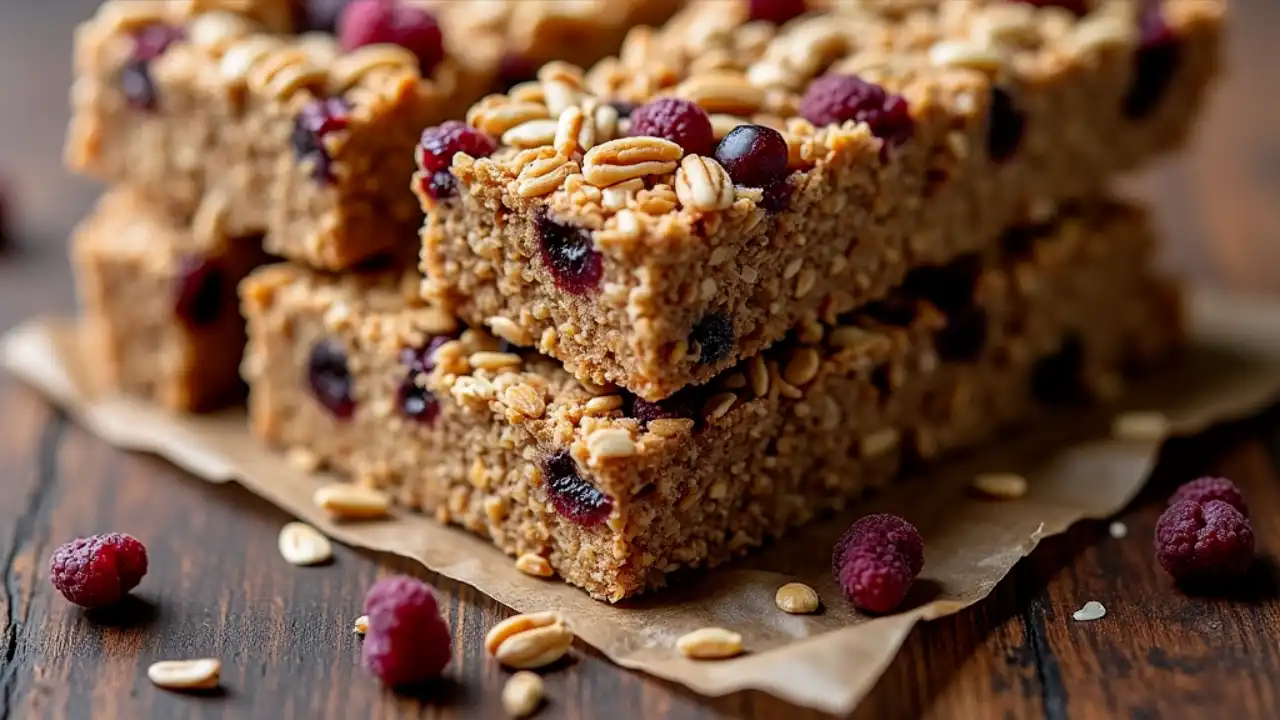 Granola bars with nuts and dried fruits on a wooden table, celebrating National Granola Bar Day