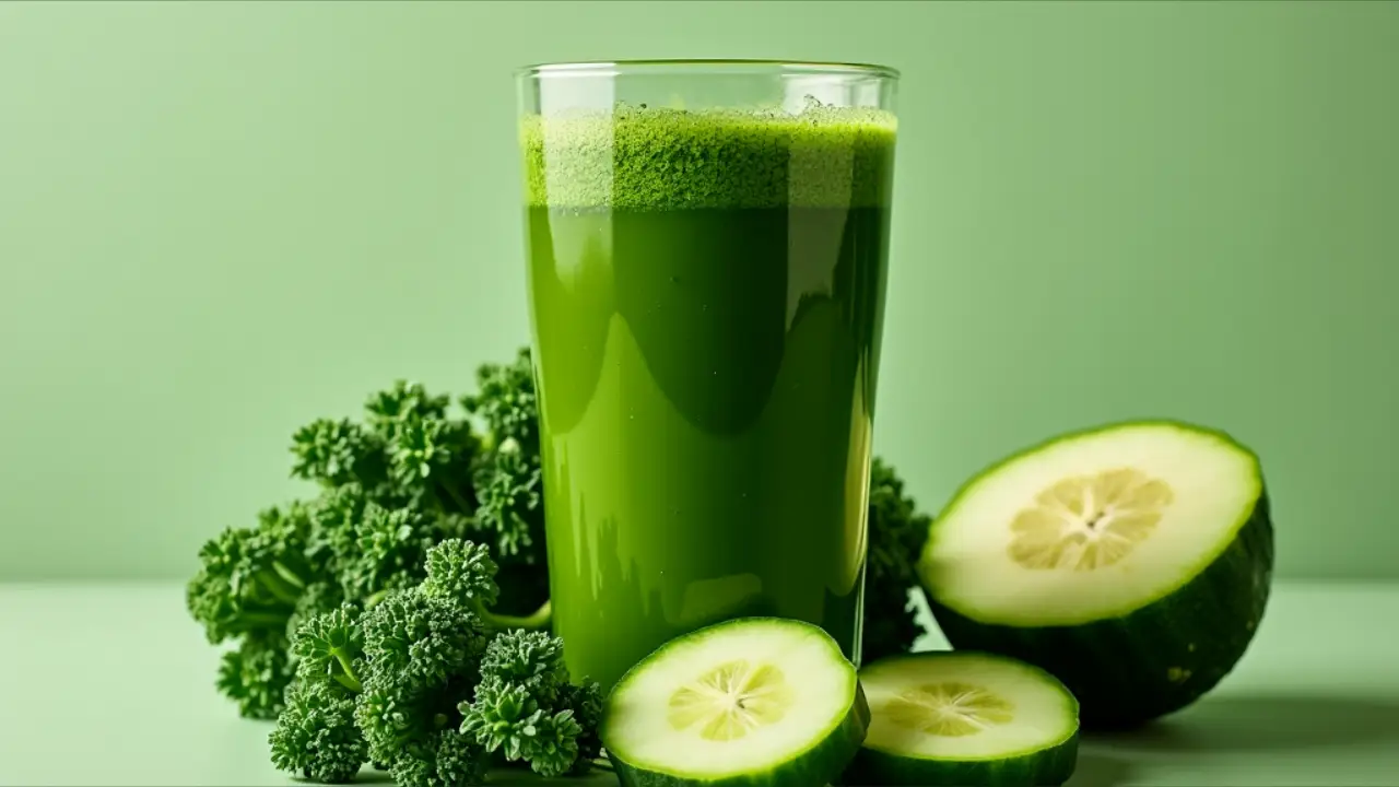 A vibrant glass of fresh green juice garnished with kale leaves and cucumber slices against a white background