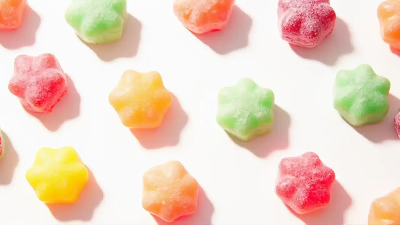 A colorful assortment of gumdrops candies arranged in a playful pattern, showcasing their jewel-like shapes and sugar-coated surfaces against a white background.