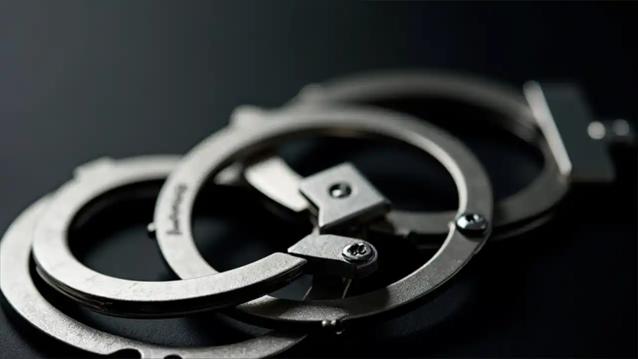 A pair of silver metal handcuffs lying on a dark surface, symbolizing law enforcement and National Handcuff Day