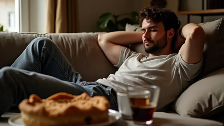 Celebrating National Hangover Day with a cozy scene of a person relaxing on the couch, surrounded by remedies like water, coffee, and snacks