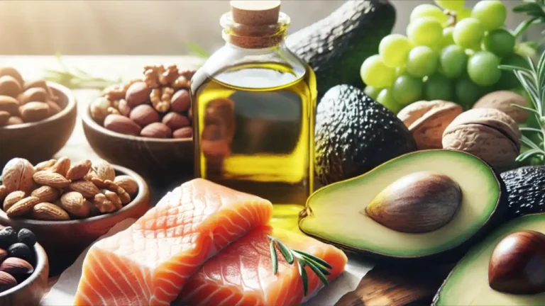 A colorful arrangement of healthy fat sources including avocados, nuts, olive oil, and salmon displayed on a rustic wooden table