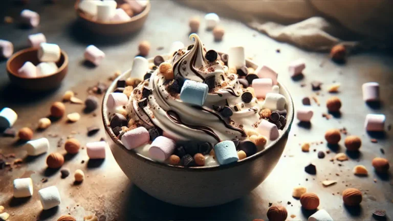 A decorative bowl filled with heavenly hash, showing a tempting mixture of marshmallows, chocolate, and nuts in a swirled pattern, ready to celebrate National Heavenly Hash Day