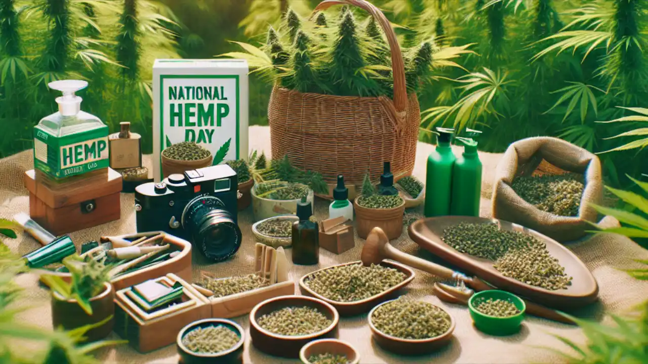 Celebrating National Hemp Day with vibrant hemp plants and products, highlighting sustainability and innovation