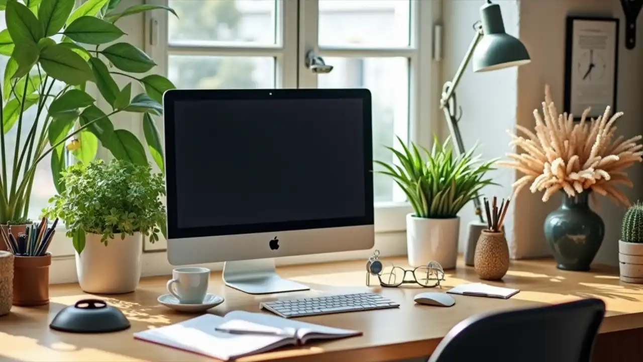 Organized home office desk with supplies and plants for productivity