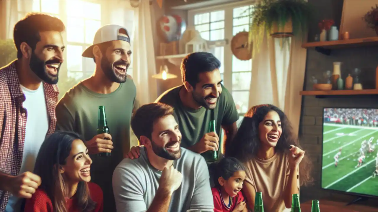 A lively gathering of friends and family enjoying snacks and drinks while watching a sports game at home, celebrating National Homegating Day