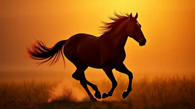 A silhouette of a majestic horse galloping freely across a sunset-lit meadow, symbolizing freedom and protection of these noble animals
