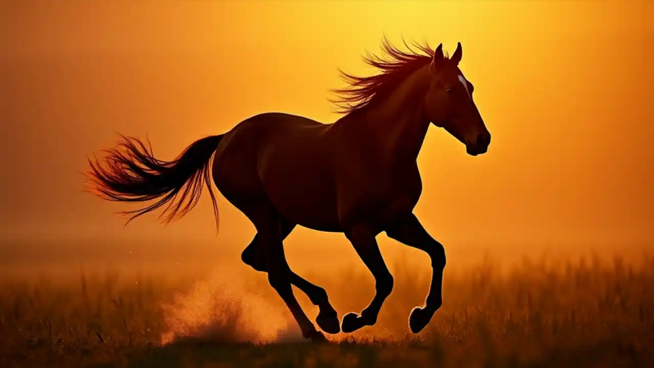 A silhouette of a majestic horse galloping freely across a sunset-lit meadow, symbolizing freedom and protection of these noble animals