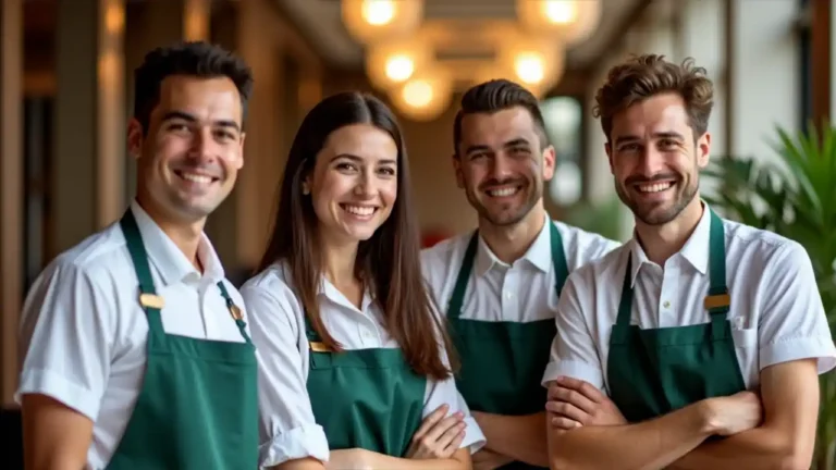 A diverse group of smiling hospitality workers including a chef, housekeeper, concierge, and server standing together in a hotel lobby, representing dedication and service in the hospitality industry