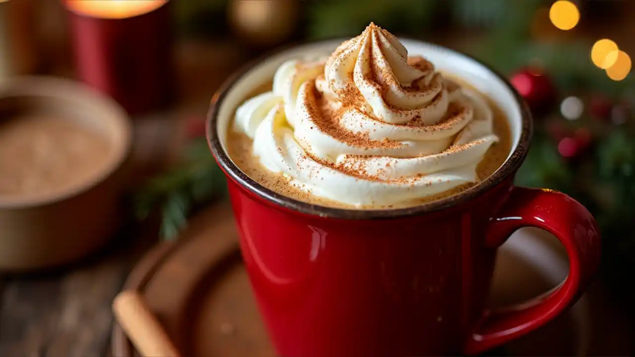 A warm mug of hot buttered rum topped with whipped cream and a sprinkle of cinnamon, surrounded by festive holiday decorations