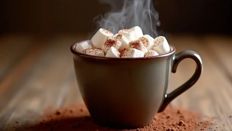A steaming mug of rich hot chocolate topped with fluffy marshmallows and a light dusting of cocoa powder, photographed from above on a rustic wooden surface.