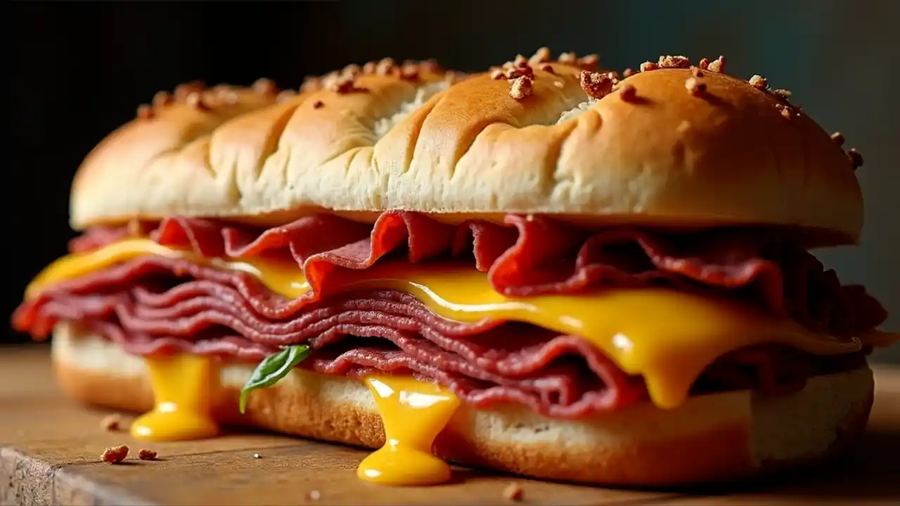 Delicious hot pastrami sandwich on rye bread with pickles and mustard