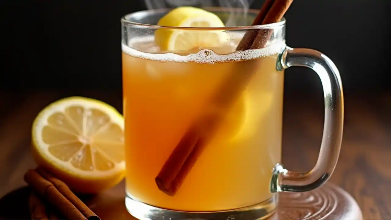 Warm Hot Toddy in a Glass with Lemon and Cinnamon Stick