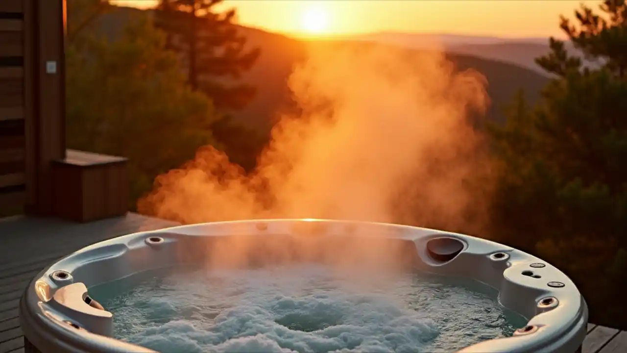 A steaming hot tub surrounded by wooden decking at sunset, with rising steam and bubbling water creating a relaxing atmosphere