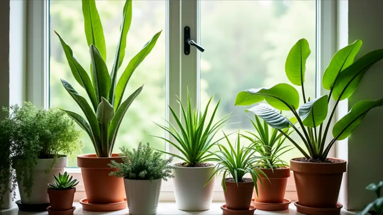 Various houseplants in decorative pots on a sunny windowsill