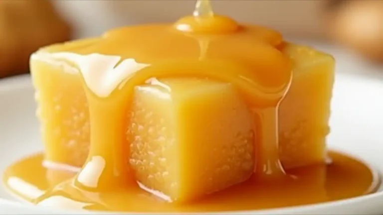 A golden-hued butterscotch candy piece alongside drizzling butterscotch sauce on a white plate, celebrating National I Want Butterscotch Day