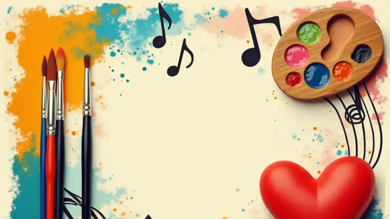 A colorful collage showing paintbrushes, an artist's palette, musical notes, and a heart symbol intertwined, representing various forms of artistic expression and creativity.