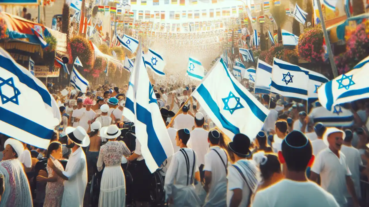 Celebration of National Israel Day with vibrant flags, cultural symbols, and festive activities