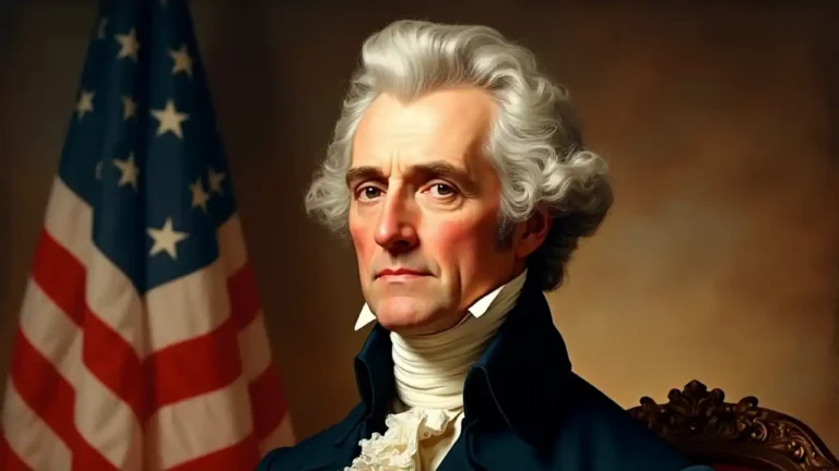 A vintage portrait of Andrew Jackson, the 7th U.S. President, with an American flag backdrop and "National Jackson Day" text overlay