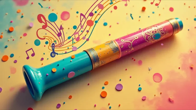 A colorful kazoo musical instrument against a festive background with musical notes