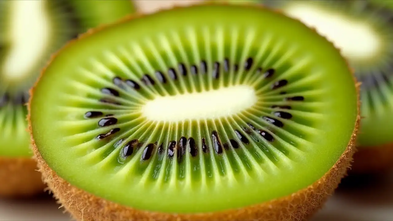 Fresh kiwifruit sliced open showcasing vibrant green flesh and seeds