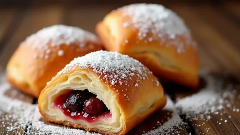 A freshly baked kolache pastry filled with sweet fruit preserves, displaying its round shape and golden-brown dough, sitting on a rustic wooden surface with a dusting of powdered sugar