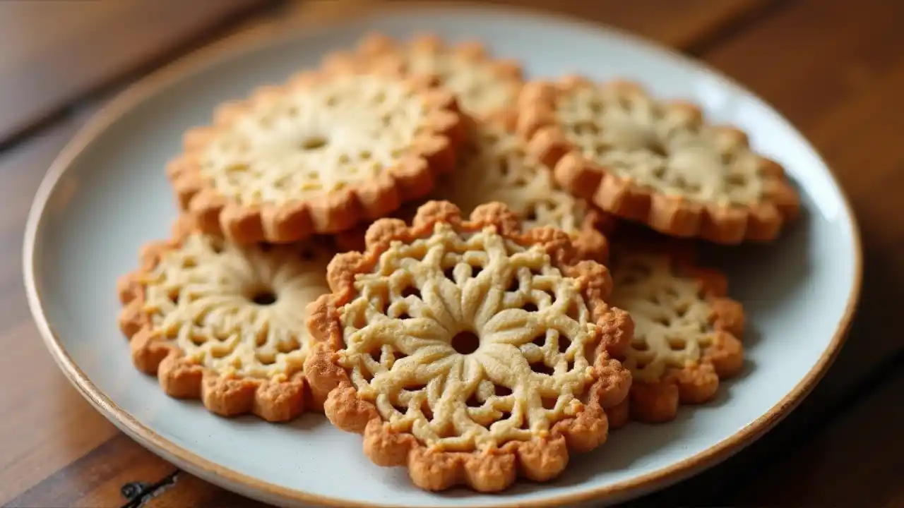 Plate of crispy lacy oatmeal cookies on a wooden table