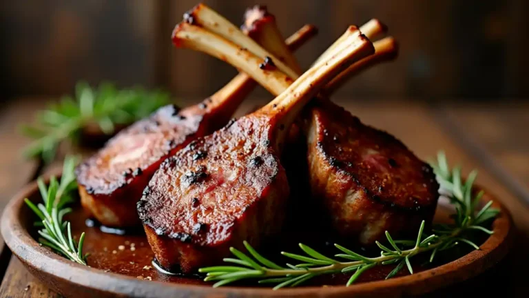 A rustic platter featuring perfectly roasted, succulent lamb chops garnished with fresh rosemary sprigs and served alongside seasonal vegetables, celebrating National Lamb Day