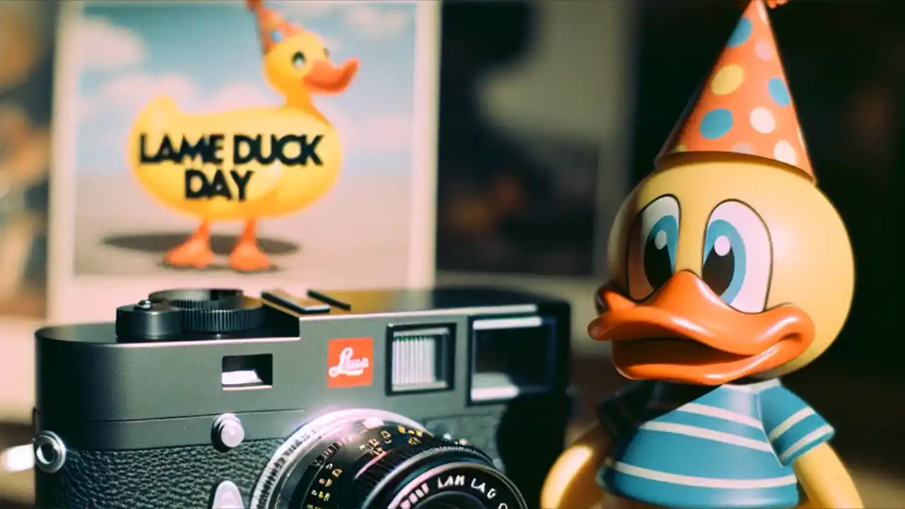 A humorous illustration representing National Lame Duck Day, featuring a cartoon duck wearing a party hat and holding a sign that says 'Lame Duck Day