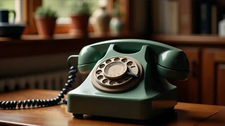 vintage rotary landline telephone sitting on a wooden desk, symbolizing the nostalgic era of home communication before mobile phones