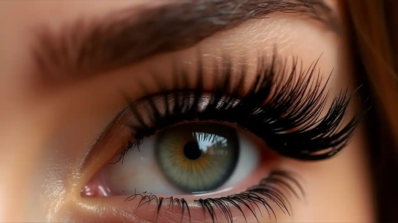 A close-up of long, voluminous eyelashes against a soft-focus background, showcasing perfectly curled and defined lashes in celebration of National Lash Day