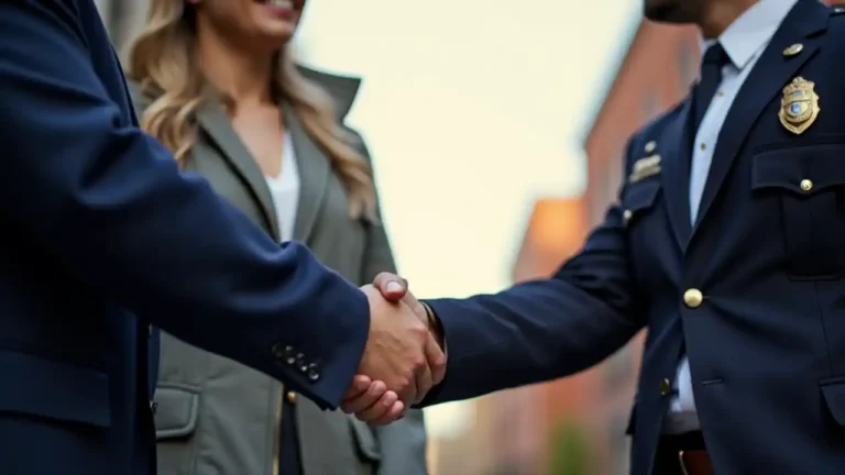 Police officer shaking hands with a community member, symbolizing appreciation and support for law enforcement