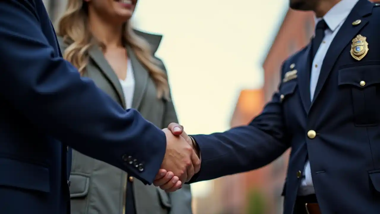 Police officer shaking hands with a community member, symbolizing appreciation and support for law enforcement
