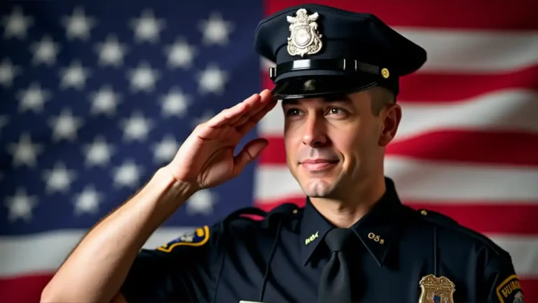 Police officer saluting with American flag background for National Law Enforcement Day