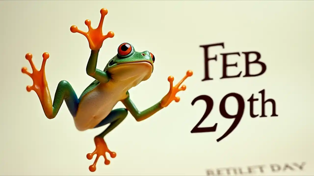 A calendar page highlighting February 29th with a playful frog leaping across the numbers, symbolizing the extra day in a leap year