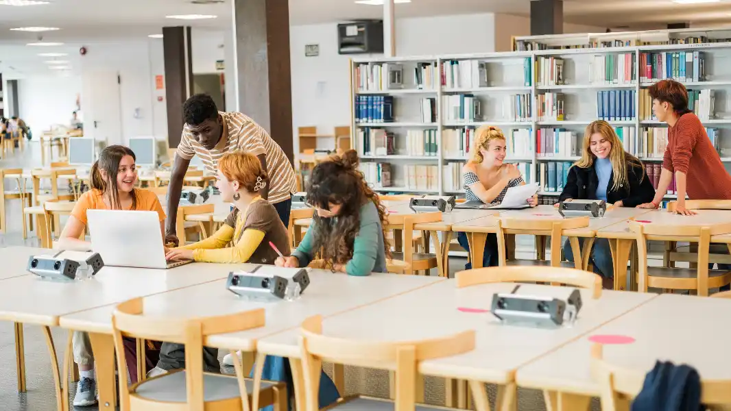 Group of students studying together in the university library for National Library Day.