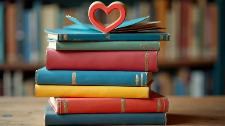 A stack of colorful books arranged in a heart shape on a wooden table, symbolizing love for reading and libraries.