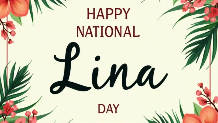 A decorative banner featuring the text "National Lina Day - March 9" with palm leaves and sunlight motifs, representing the name's meanings of tenderness and light in various cultures