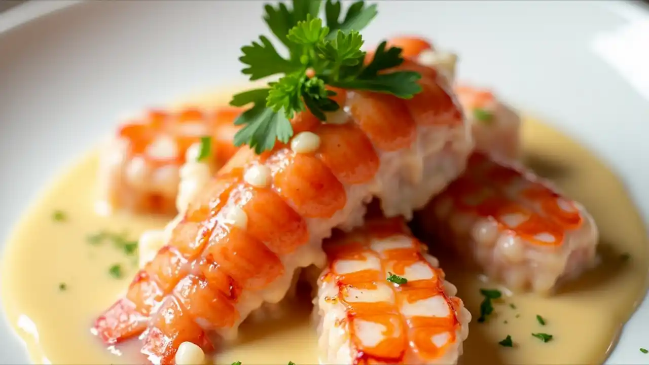 Plate of creamy Lobster Newburg garnished with parsley