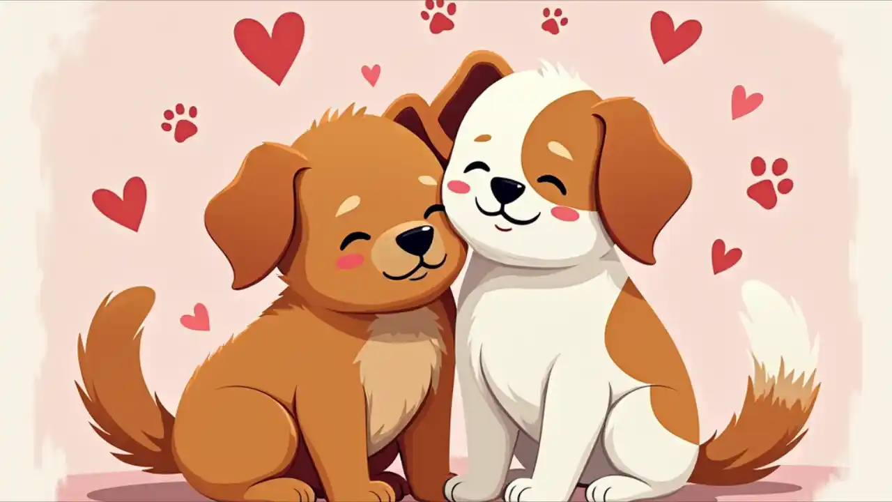 A happy dog and cat sitting together, with the dog playfully nuzzling the cat while surrounded by heart shapes and paw prints, celebrating National Love Your Pet Day