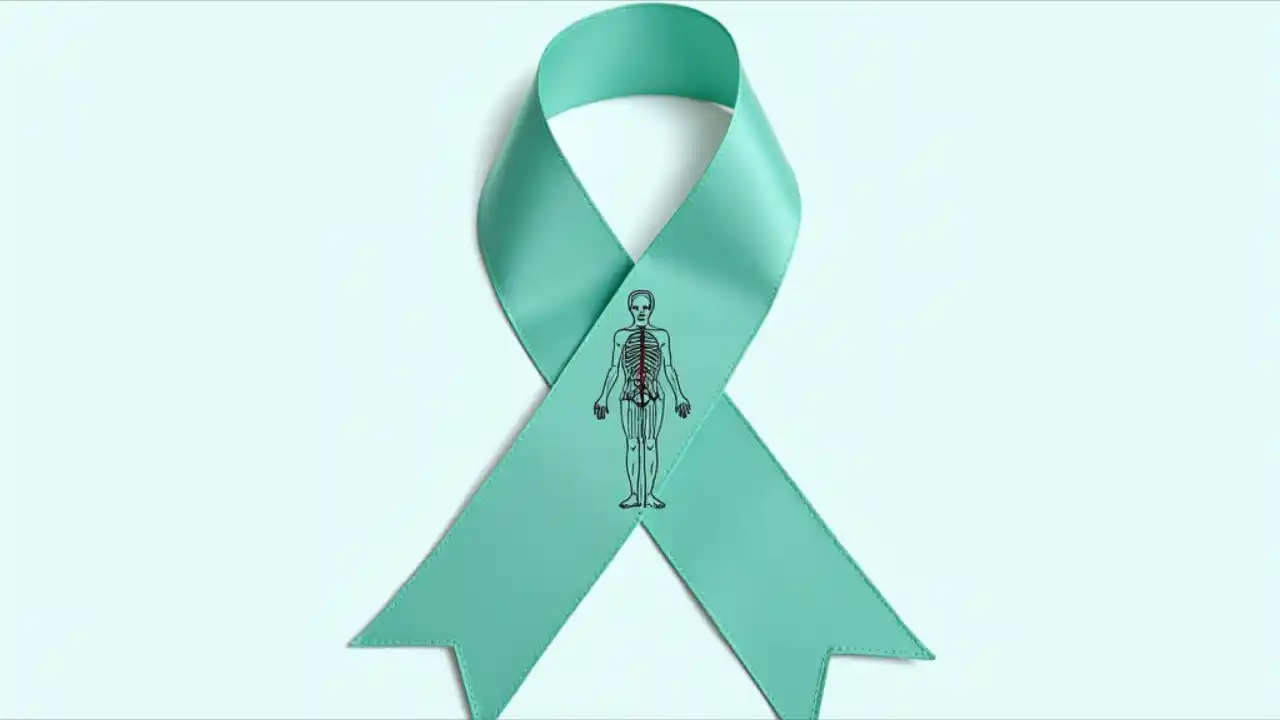 A teal awareness ribbon with lymphedema symbols, featuring a swollen arm and leg silhouette to represent the condition recognized on National Lymphedema Day