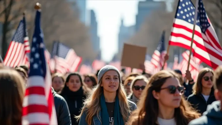 A large crowd of diverse people holding signs and banners while marching together in unity during a national demonstration, with American flags visible in the background.