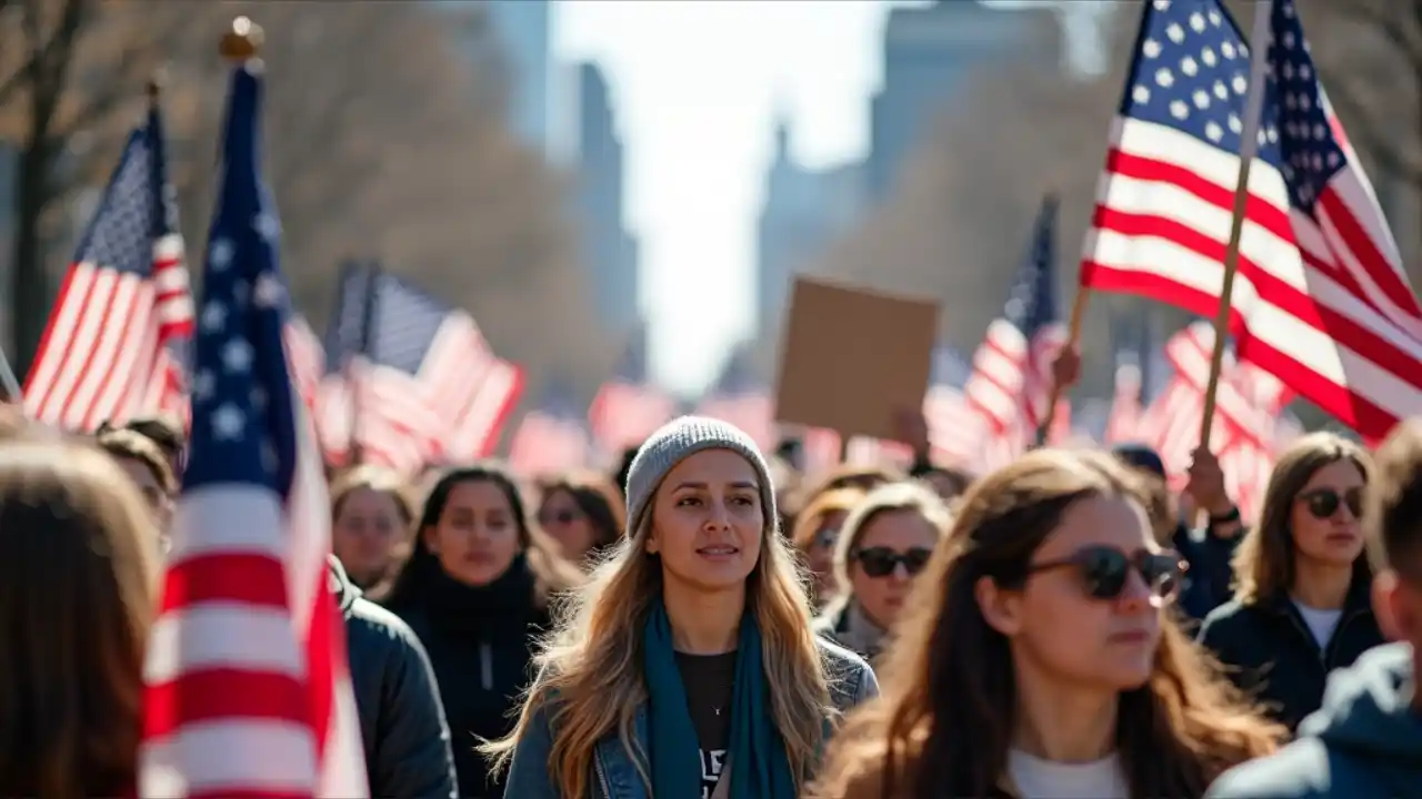 A large crowd of diverse people holding signs and banners while marching together in unity during a national demonstration, with American flags visible in the background.