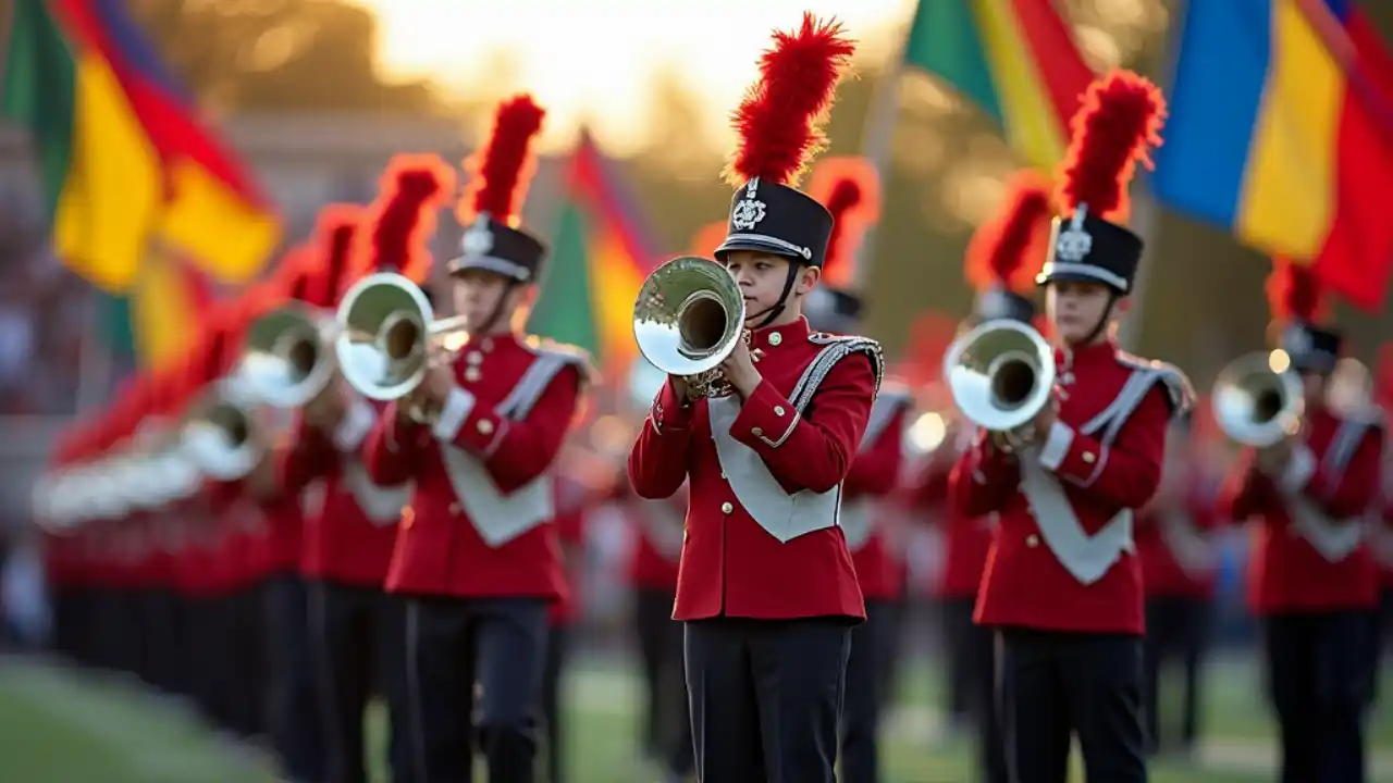 A high school marching band in full uniform performing on a football field, with brass instruments gleaming in the sunlight and colorful flags waving in formation.